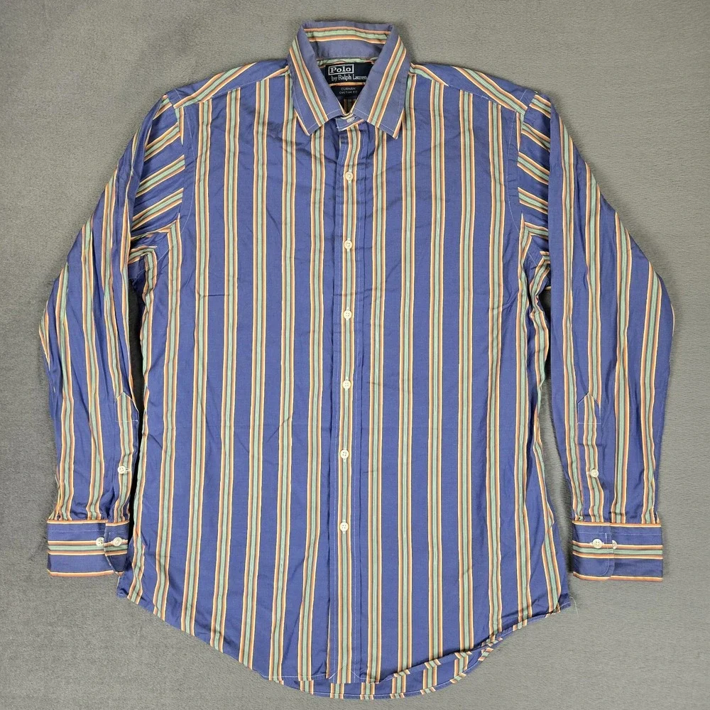 Polo Ralph Lauren CURHAM Shirt Men 15.5 32/33 Blue Stripe Button Down Custom Fit